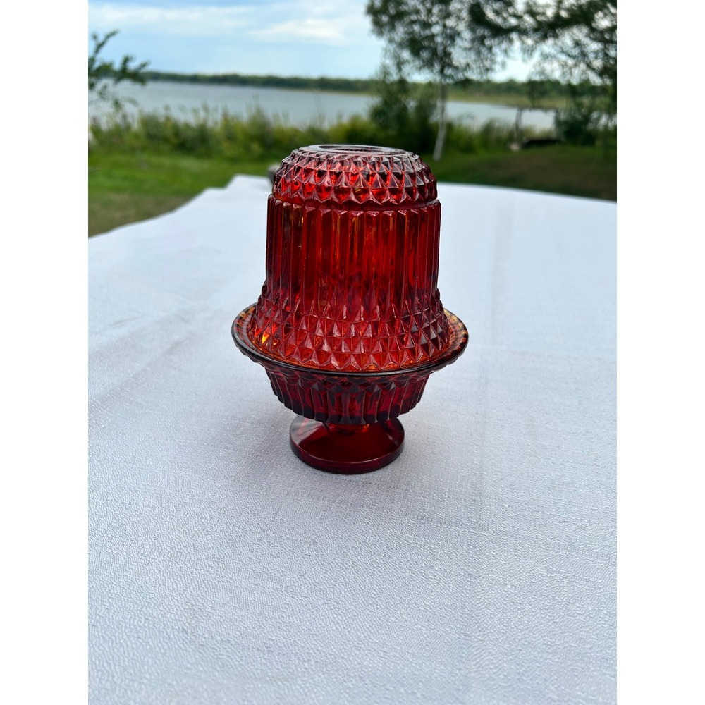 Vintage Ruby Red Glass Fairy Lamp Candle Holder Diamond Point Amberina 6.5in